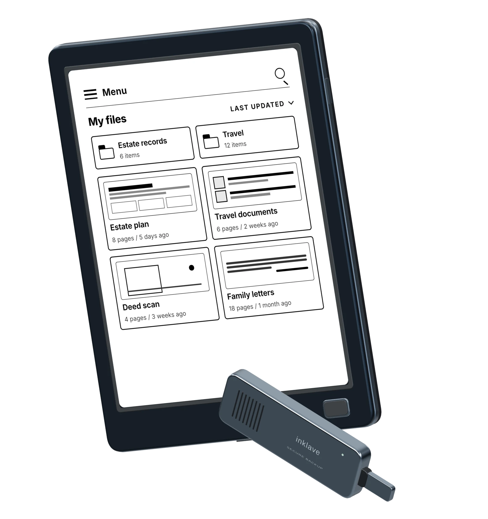 3D design concept of the Inklave E-Ink tablet and secure backup drive
